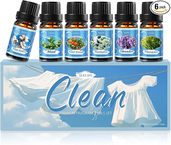 Clean Essential Oils Set for Diffuser & Candle Making | 6 Pack Premium Aromatherapy Oils Gift Set - Lavender, Eucalyptus, Mint, Sweet Orange, Lemongrass, Clean Cotton for Home