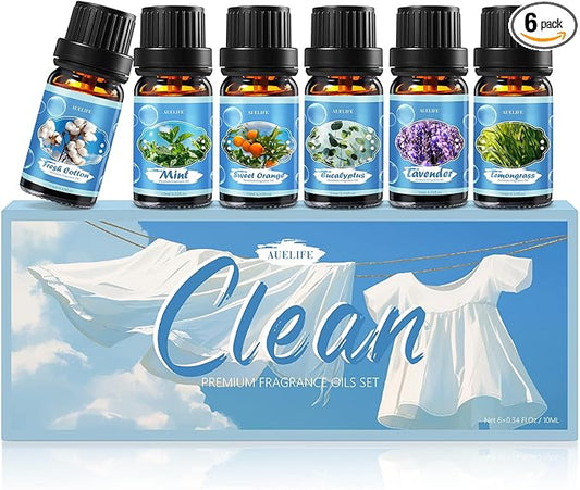 Clean Essential Oils Set for Diffuser & Candle Making | 6 Pack Premium Aromatherapy Oils Gift Set - Lavender, Eucalyptus, Mint, Sweet Orange, Lemongrass, Clean Cotton for Home