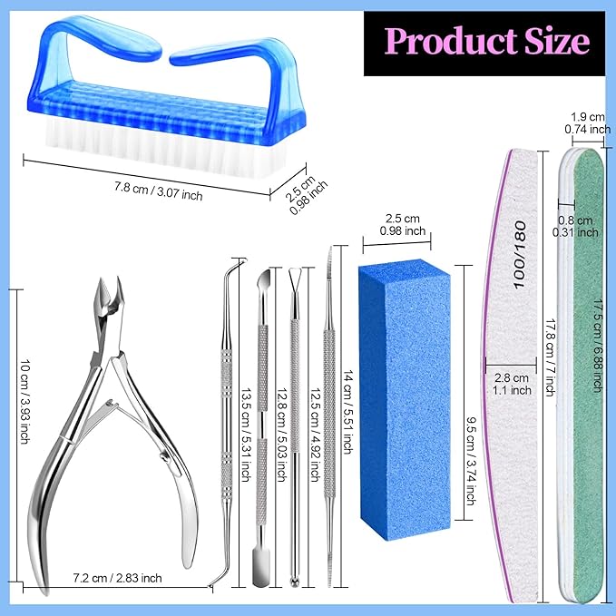 FANDAMEI Manicure Set, Nail Tools, Files 100/180, Buffer Block, Cuticle Nippers, Pusher, Peeler, Lifter for Ingrown Toenails, Toenail File, Care Kit, Blue