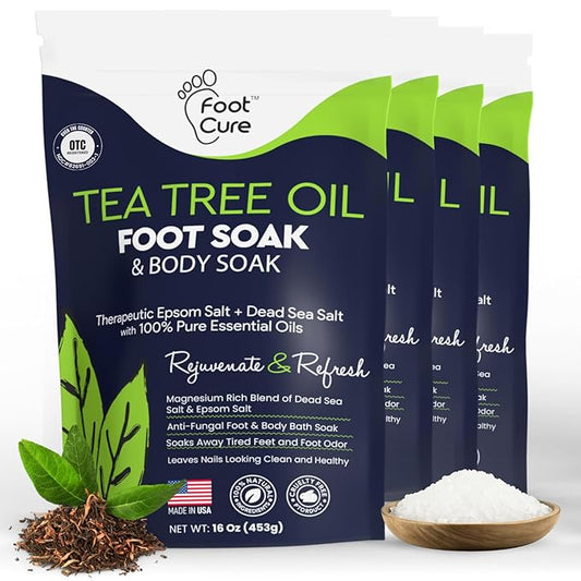 FOOT CURE Tea Tree Oil Foot Soak with Epsom Salts- for Foot Pain, Soreness, Athletes Foot, Odors, Toe Nail Fungus, Fungal, Calluses (Pack of 4)