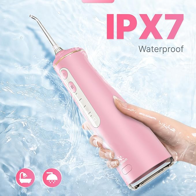 Water Flosser for Teeth, Cordless Oral Irrigator Portable Dental Cleaner Picks with 8 DIY Modes 7 Jets 300ml Tank Braces Flossers Rechargeable (Pink)