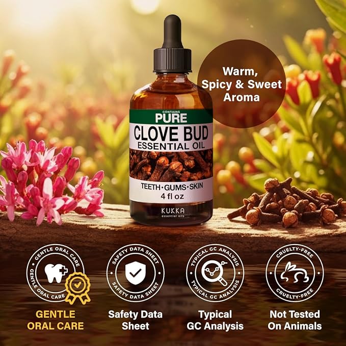 KUKKA Clove Essential Oils - 4 Fl Oz - for Hair, Skin, Diffuser, Aromatherapy & DIY Soap Making Scent