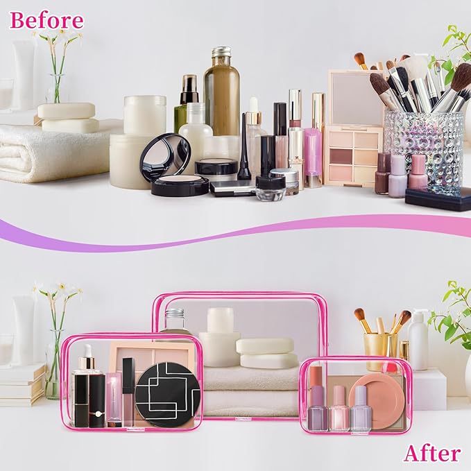 TISRATOK 12 PCS Clear Makeup Bag for Women with Zipper, TSA Approved Toiletry Pouch, Cosmetic Bag Bulk for Travel Organizer Essentials - Purple, Small