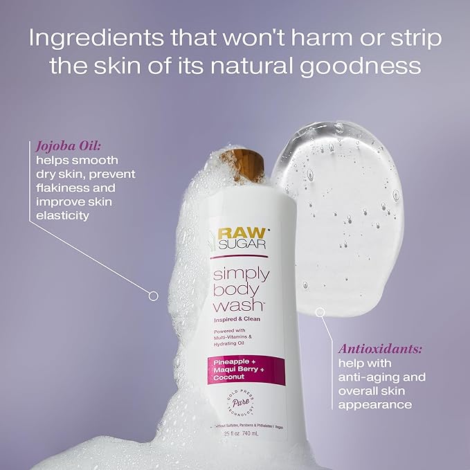 RAW SUGAR Simply Body Wash, (25 Fl Oz, Pack of 1) Bath Soap, Formulated without Sulfates & Parabens (Pineapple + Maqui Berry + Coconut)