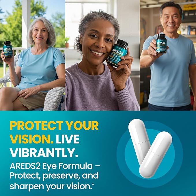 AREDS 2 Eye Vitamins - Lutein, Zeaxanthin, Bilberry, Astaxanthin Mineral Vision Supplement - Supports Eye Strain, Dry Eyes, Pressure, and Vision Health - Made in USA - 60ct