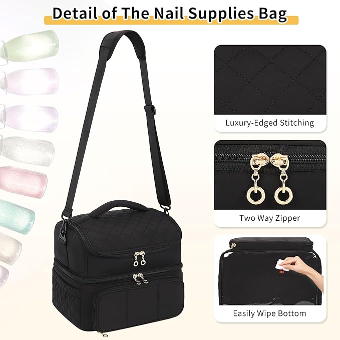 Nail Polish Organizer, Nail Organizers And Storage Bag Holds 48 Bottles & Full Size Nail Lamp, Double Layer Nail Tech Travel Case for Nail Supplies & Manicure Kit & Pedicure Tools (Black, 48 Slots)