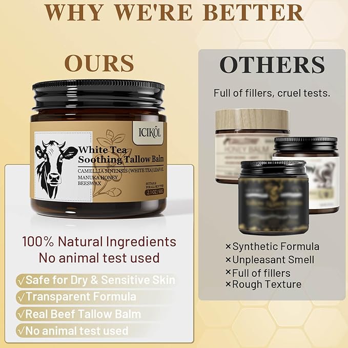 Organic Beef Tallow Honey Balm, Handmade Moisturizer Beef Tallow for Face and Body, Grass Fed Beef Tallow for Dry Skin, Pure Natural Cream with White Tea Scent, 2.1oz