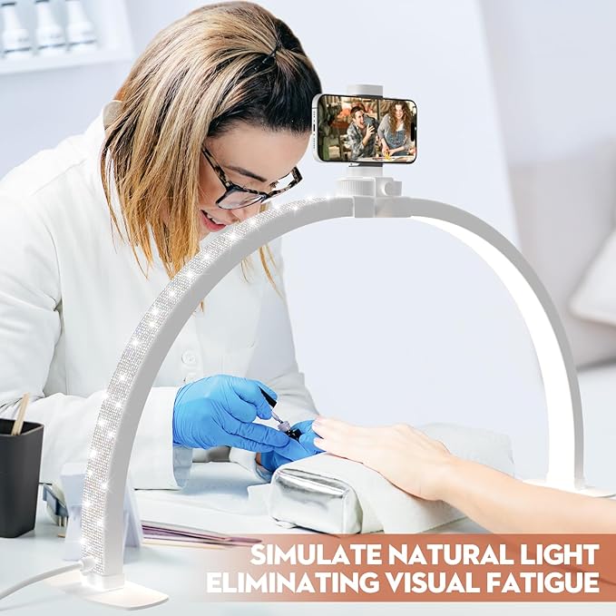 Premium Large Half Moon LED Light for Nail Tech, Foldable Arch Light for Nail Desk Lamp with Phone Stand Perfect for Manicure Handicraft Lighting (Crystal White, Large)