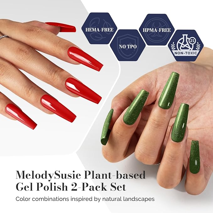 MelodySusie Fleurwee Plant Based Gel Nail Polish, 2 Pcs Hema Free Gel Polish, Red and Green Christmas Nail Polish 21 Non Toxic Long Lasting Nail Art Salon DIY Manicure at Home Gift for Women
