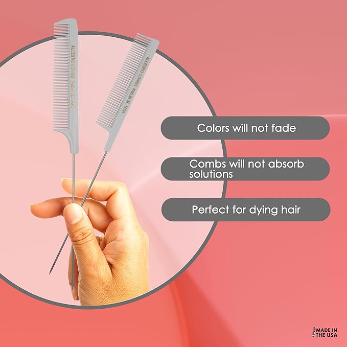 Allegro XL Pintail Rat Tail & Parting Combs - Metal Tail Foiling & Pin Combs for Stitch Braids - 2 Pc. (Gray)