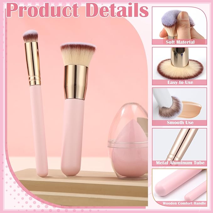 6Pcs Foundation Brush for Liquid Makeup,Liquid Foundation Brush with Makeup Sponge and Powder Puff for Foundation, Powder, Blush,Concealer(Pink)