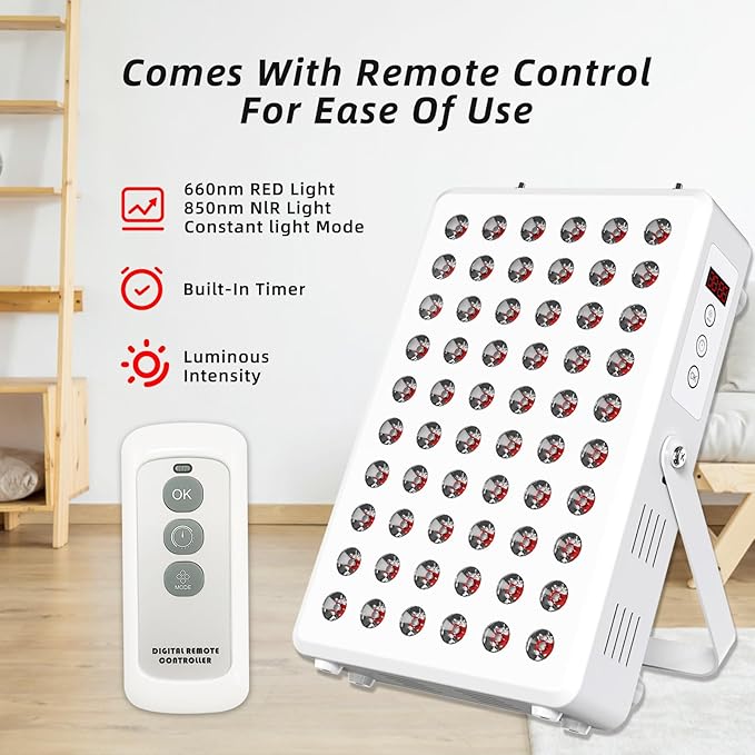 Red Light Panel for Body and Face, 660nm Red 850nm and Near Infrared, Remotcontrol 60 LEDs Red Light Therapy Panel, Used to Promote Sleep, Improve The Body, Relieve Muscle Fatigue (E-300-Wtite)