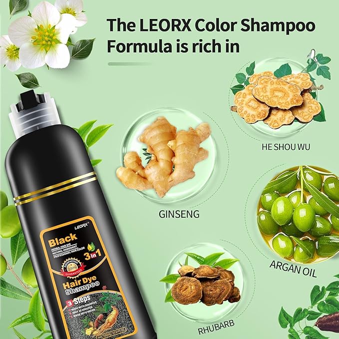 Leorx Black Hair Dye Shampoo, 16.9 Fl Oz - 3 In 1 Color For Gray Hair Instant Herbal Coloring For Women & Men - Ammonia Free