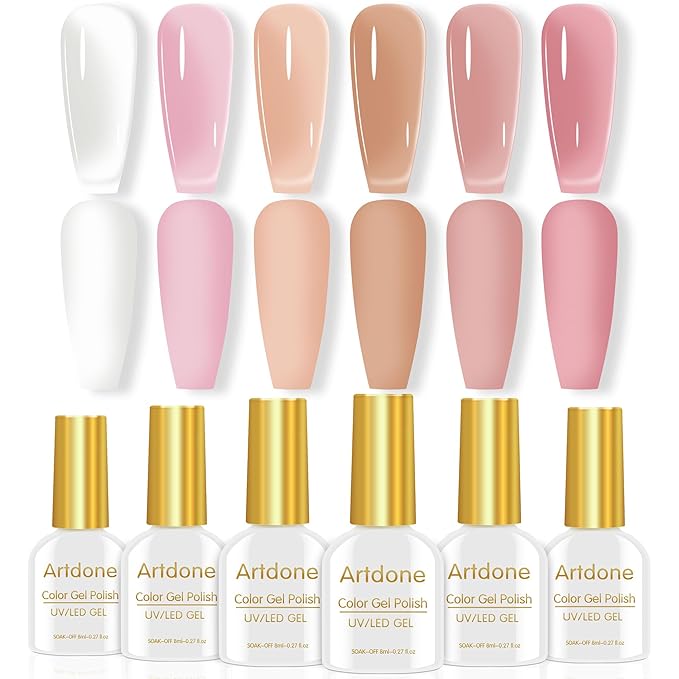 Artdone Sheer Gel Nail Polish Set Jelly UV Gel 6 Colors Translucent Milky White Pink Nude Brown Colors Nail Polish For All Seasons Neutral Soak off LED Lamp Gel Manicure Kit For Nail Art