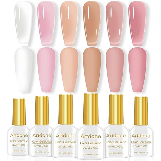 Artdone Sheer Gel Nail Polish Set Jelly UV Gel 6 Colors Translucent Milky White Pink Nude Brown Colors Nail Polish For All Seasons Neutral Soak off LED Lamp Gel Manicure Kit For Nail Art