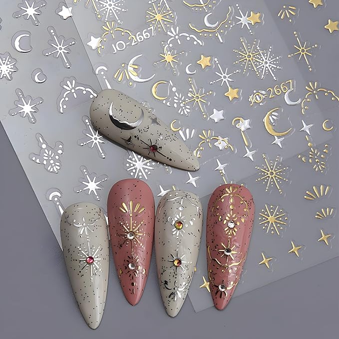 12 Sheets Silver Gold Moon Star Nail Art Stickers - 3D Self Adhesive Decals for Design and Decoration - Supplies Accessories for Women