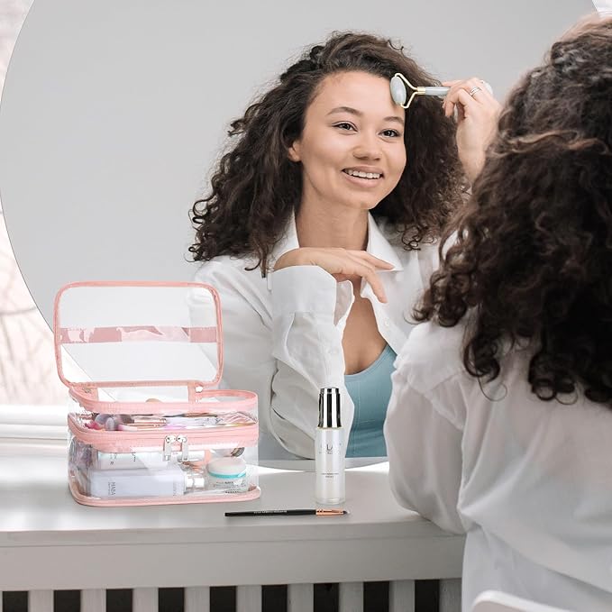 HAOGUAGUA Double Layer Clear Cosmetic Bag Makeup Bag, Waterproof Travel Toiletry Bag, Transparent PVC Pouch Organizer (Pink Large)