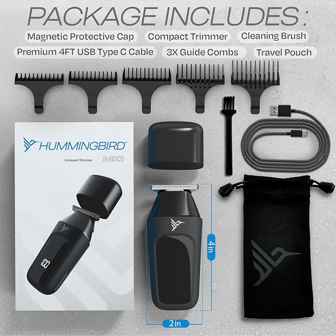 HUMMINGBIRD MK1 Compact Trimmer – Portable Electric Beard & Body Hair Trimmer for Men, Cordless USB-C Rechargeable, Face & Body Groomer, Travel Shaver, Travel Pouch, Great Gifts for Men, Dad, Husband
