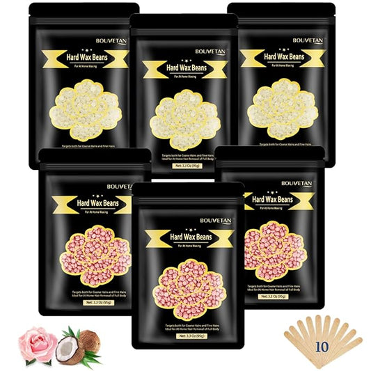 1.3Lb/21oz Hard Wax Beads for Hair Removal, Bouvetean Wax Beans for Bikini, Eyebrow, Face, Legs, Full Body Sensitive Skin Waxing with 10pcs Wax Spatulas (Pack of 6)