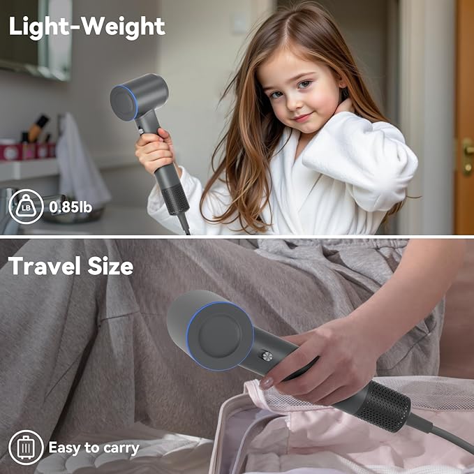 Hair Dryer, 160000 RPM High-Speed Ionic Hair Drye Portable Lightweight Blow Dryer with 500 Million Negative Ions, Hair Dryer with Magnetic Diffuser & Nozzle for Home and Travel