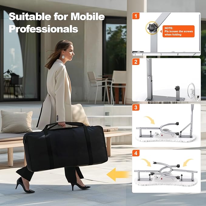 Portable Nail Table for Nail Tech on Wheels, Foldable Professional Manicure Table Travel Nail Desk with LED Lamp/Dust Collector/3 Dust Bags/Wrist Cushion/Storage Bag, White