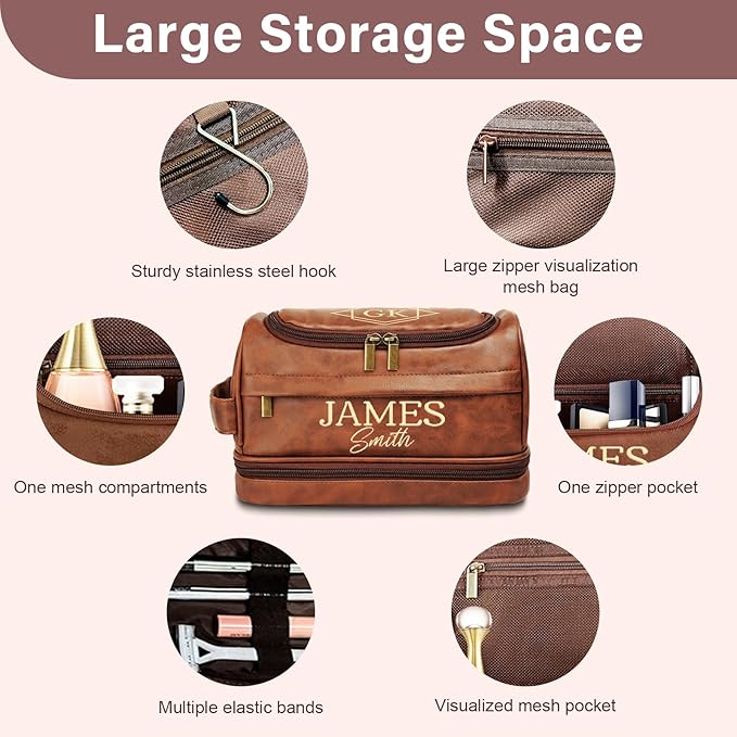 Personalized Toiletry Bag for Men Him, Gifts for Men, Custom Leather Travel Bag Shave Kit, Engraved Pattern Text, Ideal Christmas Gift for Dad, Birthday, Boyfriend, Anniversary, Husband, Son