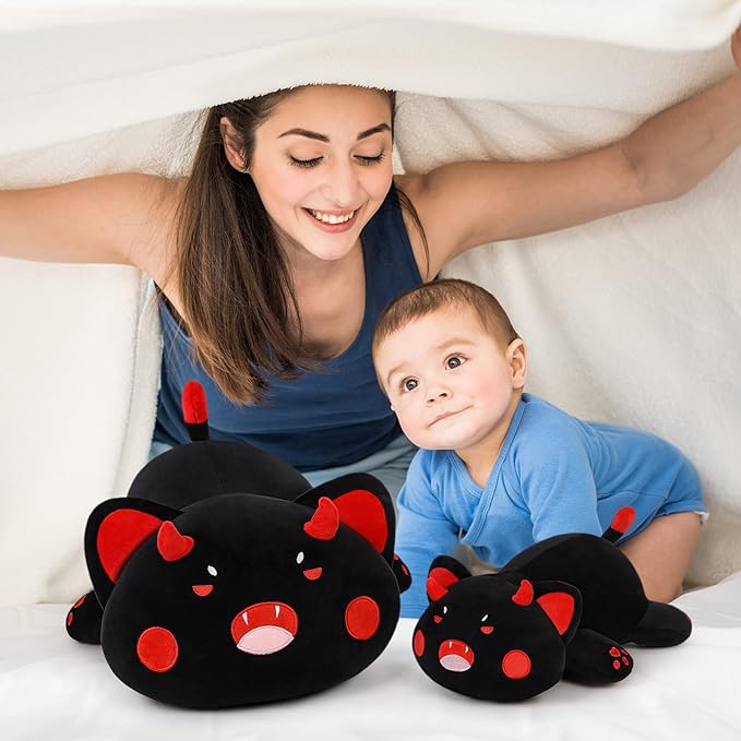 Black Cat Plush Pillow Kawaii Toy Cute Soft Cat Stuffed Animals Kitten Plushie Doll Great Gift for Kids and Adult Birthday Christmas Valentines, 20", Black Red