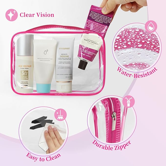 TISRATOK 12 PCS Clear Makeup Bag for Women with Zipper, TSA Approved Toiletry Pouch, Cosmetic Bag Bulk for Travel Organizer Essentials - Rose Red, Small