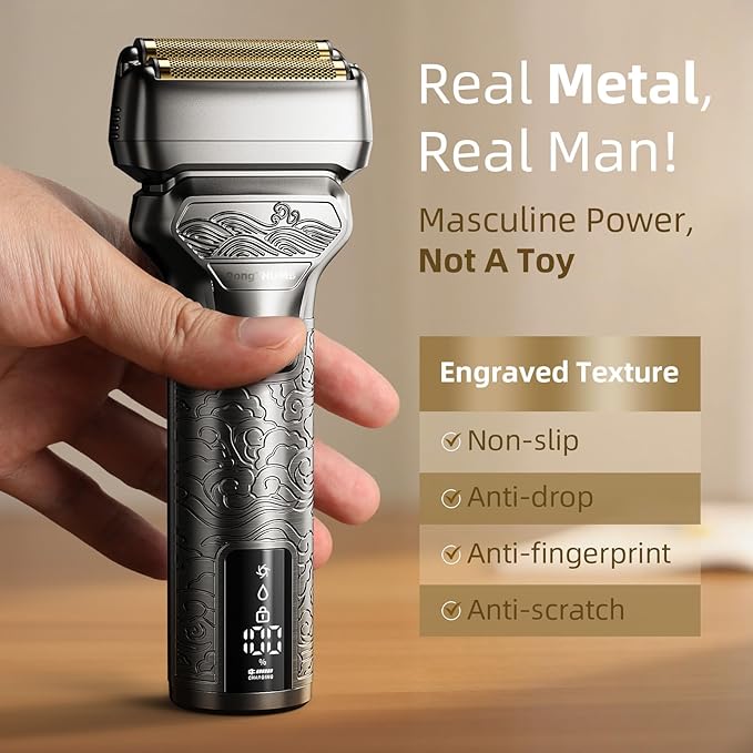 Electric Foil Shaver for Men: Rechargeable Razor with Push-Up Trimmer for Face - Cordless Wet/Dry/Anti-Slip Waterproof Shavers with LED Display - Metal Handheld Design, Gray Silver