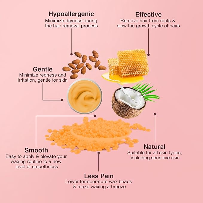 Hard Wax Beads for Hair Removal, Yovanpur Wax Beans for Brazilian Waxing, Waxing Beans for Sensitive Skin, Face Eyebrow Legs At Home Pearl Wax, 300g /bag with 10pcs Sticks(Gold)