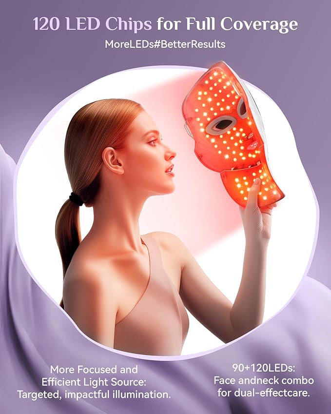 FOLOKE Red Light Therapy Mask for Face & Neck, LED Face Light Therapy,USB C Rechargeable,Infrared Mask for Home Working Travel Yoga