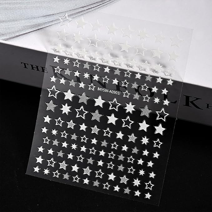 12 Sheets White Blue Red Star Nail Art Stickers 3D Self Adhesive 4th of July Nail Stickers for Nail Art Independence Day Nail Decals Star Nail Supplies Design for DIY Acrylic Nails for Women Girls