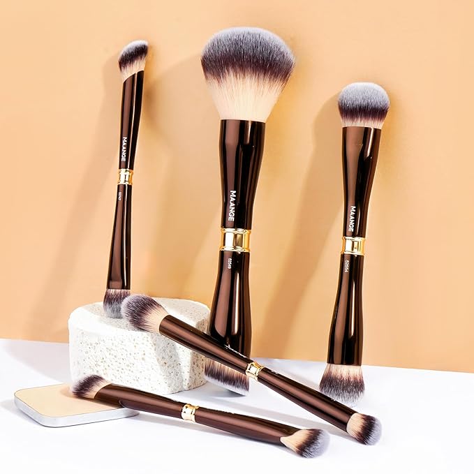 MAANGE Makeup Brush Set Double-ended Kabuki Makeup Brushes For Foundation Contour Liquid Powder Concealer Eye Shadows Cream Cosmetics Blending Blush Makeup Tools (Coffee Brown, 5 PCS)