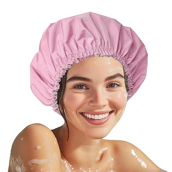 Shower Cap for Women, Double Layer Waterproof Bath Cap, Reusable Hair Protector, Large Waterproof Shower Bonnet Washable Elastic Band Bath Hair Hat for Long Hair, Braids， - Purple