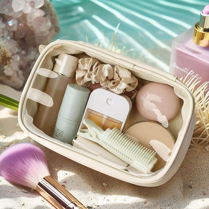 Pocmimut Clear Makeup Bags,Small Makeup Pouch with Large Cosmetic Bag Toiletry Bag Car Accessories Storage for Women,Travel Essentials Organizers,Beige