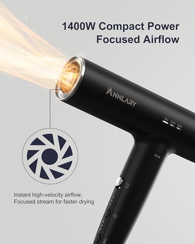 Foldable Hair Dryer with Diffuser, 110,000 RPM Professional High Speed Blow Dryer with Plasma Ion, 6.5Ft ALCI Cord, Concentrator & Diffuser for Men and Women, Lightweight for Travel/Home
