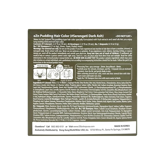 eZn Pudding Hair Dye Ammonia Free Semi-Permanent Self Hair Dye DIY Kit included contain Keratin Made in Korea Beauty (Dark Ash)