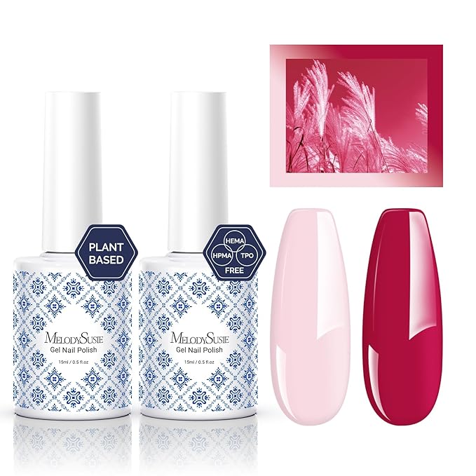 MelodySusie Fleurwee Plant Based Gel Nail Polish, 2 Pcs Hema Free Gel Polish, Light Pink and Raspberry Red Nail Polish 21 Non Toxic Long Lasting Nail Art Salon DIY Manicure at Home Gift for Women