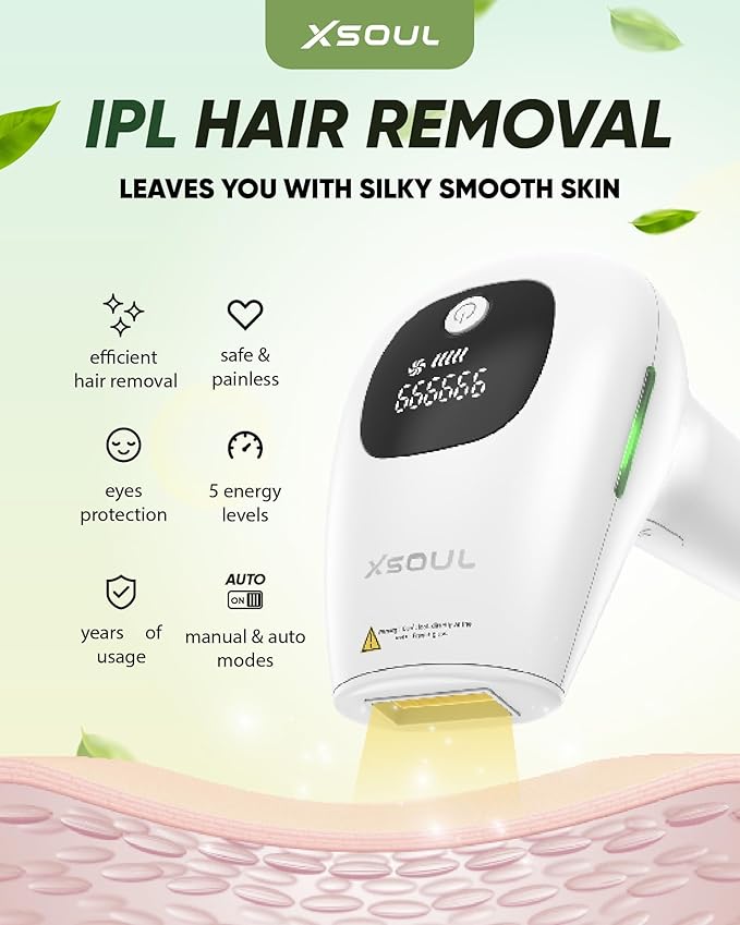 XSOUL At-Home IPL Hair Removal for Women and Men Permanent Hair Removal 999,999 Flashes Painless Hair Remover on Armpits Back Legs Arms Face Bikini Line, Corded