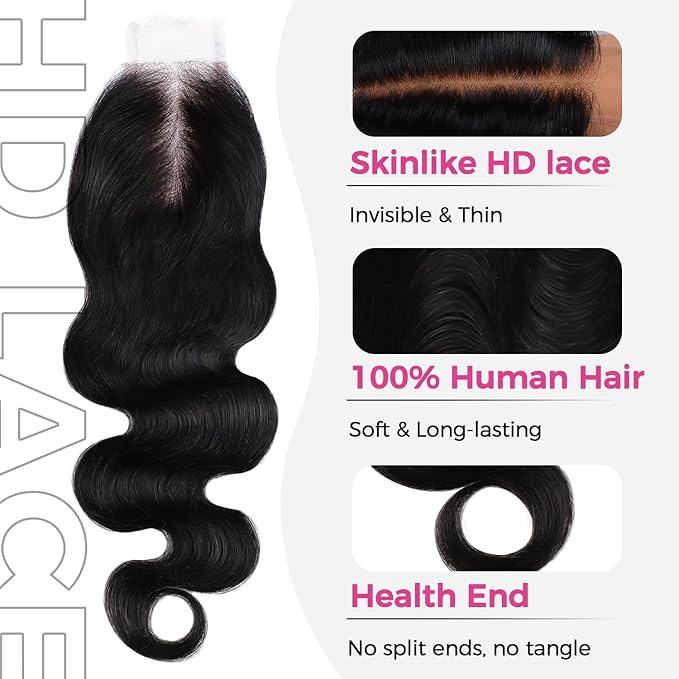 Lashey 2x6 SKINLIKE HD Lace Closure Human Hair Body Wave, 0.10mm Ultra-Thin Invisible Real HD Lace, Pre-Bleached Knots and Pre-Plucked Hairline 20 Inch Natural Black