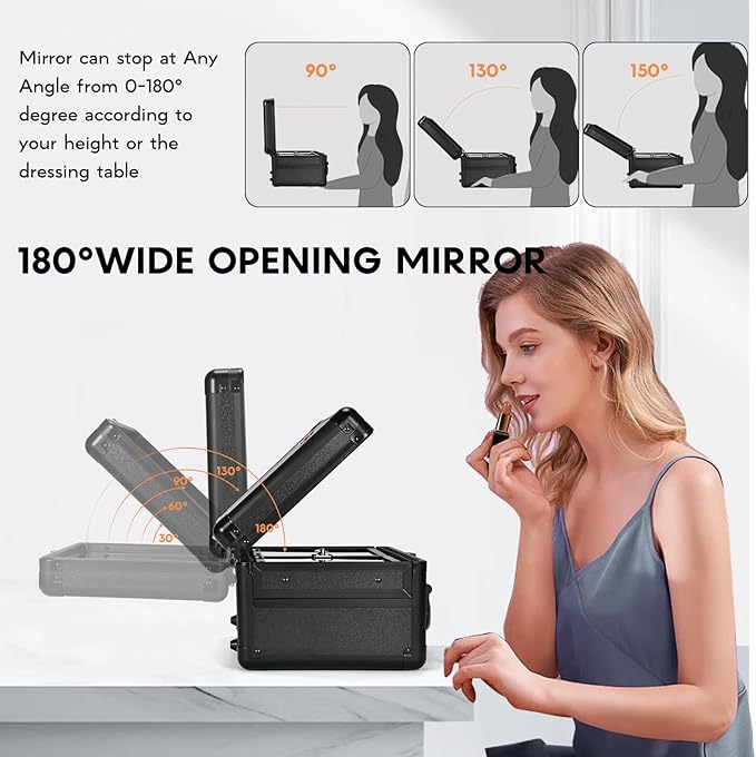 Makeup Case With LED Lighted Mirror 11.2 Inch Travel Makeup Train Case Adjustable Brightness in 3 Colors Cosmetic Organizer Artist Storage Box 2 Trays with Dividers Hard Make Up Vanity Black