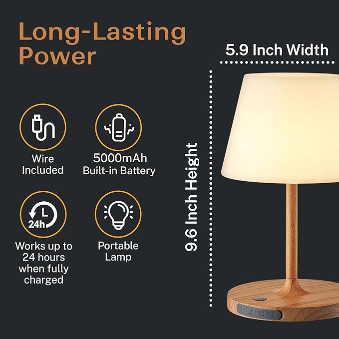 Cordless Lamp, 5000mAh Battery Operated Rechargeable Table Lamp with Power Bank, Touch Dimmable 3 Color Temperatures, IP44 Waterproof Shower Lamp for Kitchen, Bathroom, Indoor Or Outdoor Use 9.6in