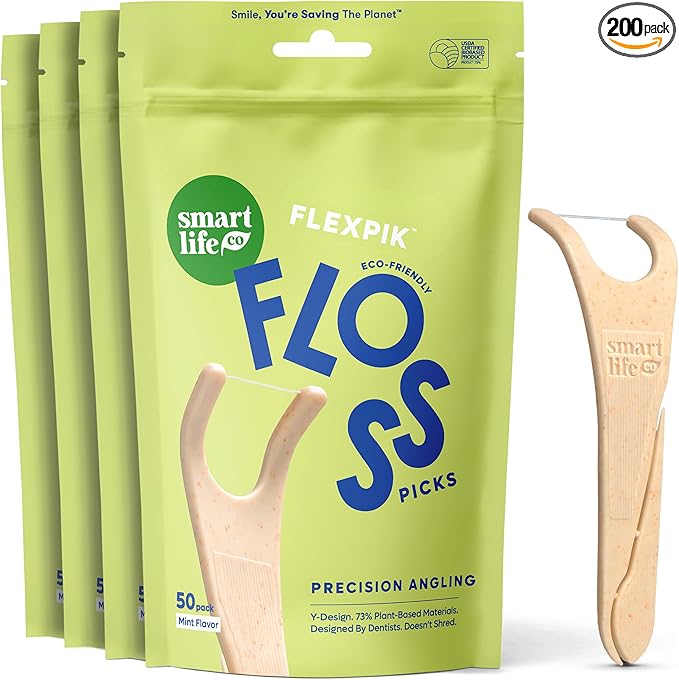 SmartLifeco Eco-Friendly Angled Dental Floss Picks (200ct) - Made with Straw Wheat Blend, Superior Anti-Shred Thread for Molars & Back Teeth, Tooth Pick Stick for Adults, Soft on Gums, Vegan, Mint