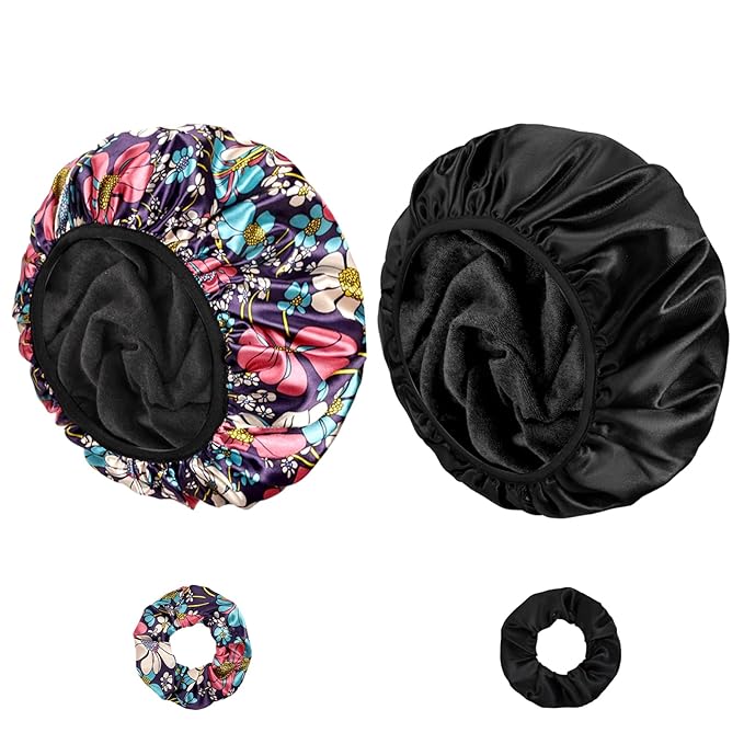 Shower Caps for Women, 2 PCS 3 Layers Terry Lined Shower Cap + 2 Satin Scrunchies, Waterproof Terry Cloth Bath Caps Elastic and Reusable Hair Cap for Shower - (Black+Flower B)