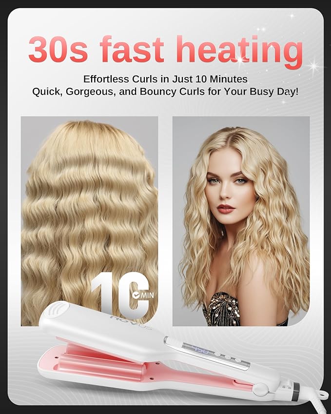 NOVUS Hair Crimper Waves and 4-Barrel Wave Curling Iron, Shallow Wave Hair Curlers Hot Tool with Ceramic, 0.6 Inch Beach Waves Curling Wand, Hair-Type Adjustable Heat