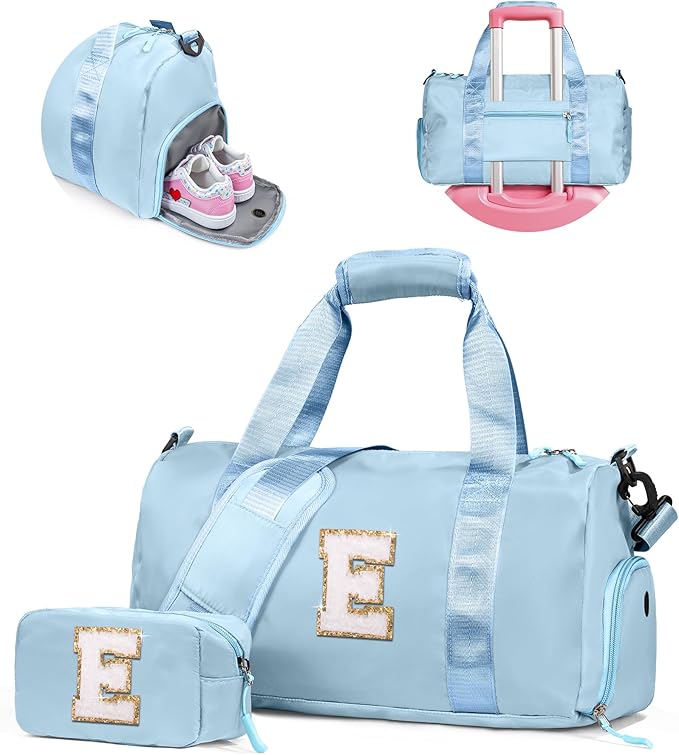 Sister Gifts from Sisters-Girl Gym Bag with Shoe Compartment, Kid Personalized Weekender Dance Bags, Initial Travel Tote with Makeup Pouch, Preppy Things for Kids Girls (Letter E)