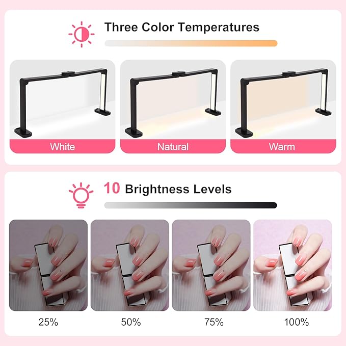 34in Half Moon Light for Nail Desk, Foldable LED Lamp for Nail Art, Tattooing, Craft Making, Stepless Dimming, 3000-6000K Color Temperature Adjustment, 456 Light Beads, Black