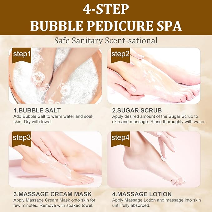 Pedicure Kit Foot Soak Set: Bubble Salt, Sugar Scrub, Massage Mask, Massage Lotion in a Box, 4 Step Foot Spa Kit for Dry Feet,Tired Feet (1 Set Golden Petals)