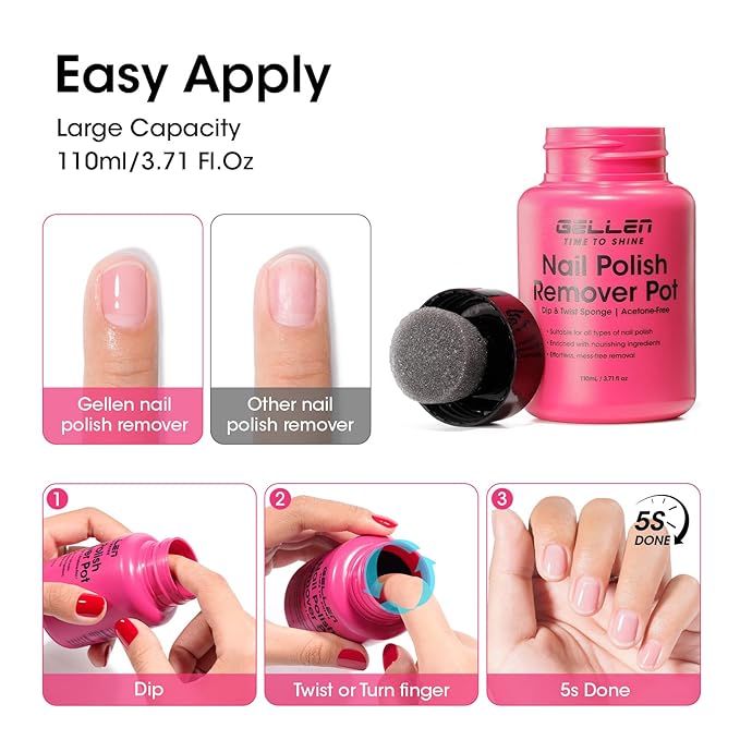 Gellen Nail Polish Remover, Dip Twist Sponge Nail Polish Remover Pot For Fingernail Toenail, Non-Acetone, Fragrance Free, 5-9s Quick Removal, Non-drying Formula Shea Butter & Vitamin E, Non-toxic