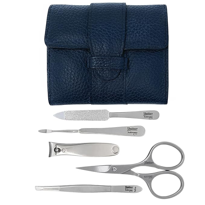 Shpitser Nail Kit, Manicure and Pedicure Women Set of 5 tools: Scissors, Clipper, Tweezers, Nail Cleaner, Nail File, Made in Solingen, Germany, Sturdy Stainless Steel, In Italian Leather Case